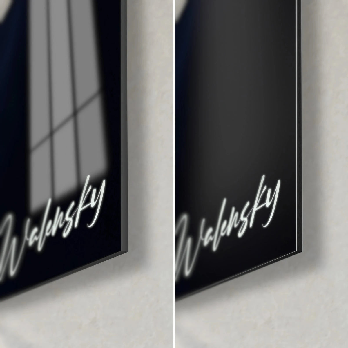 Wall art white and blue arum flower, bottom right corner: glossy glass reflecting the window, matte black Dibond, 3 mm edge