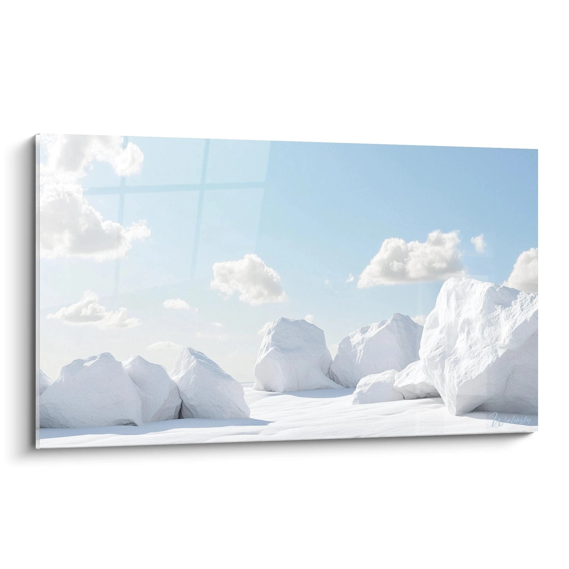 Un tableau paysage glacial présentant des formations de glace blanche sculptées sur une étendue neigeuse, sous un ciel bleu clair parsemé de nuages blancs, créant une atmosphère minimaliste et sereine avec des textures lisses et angulaires.

