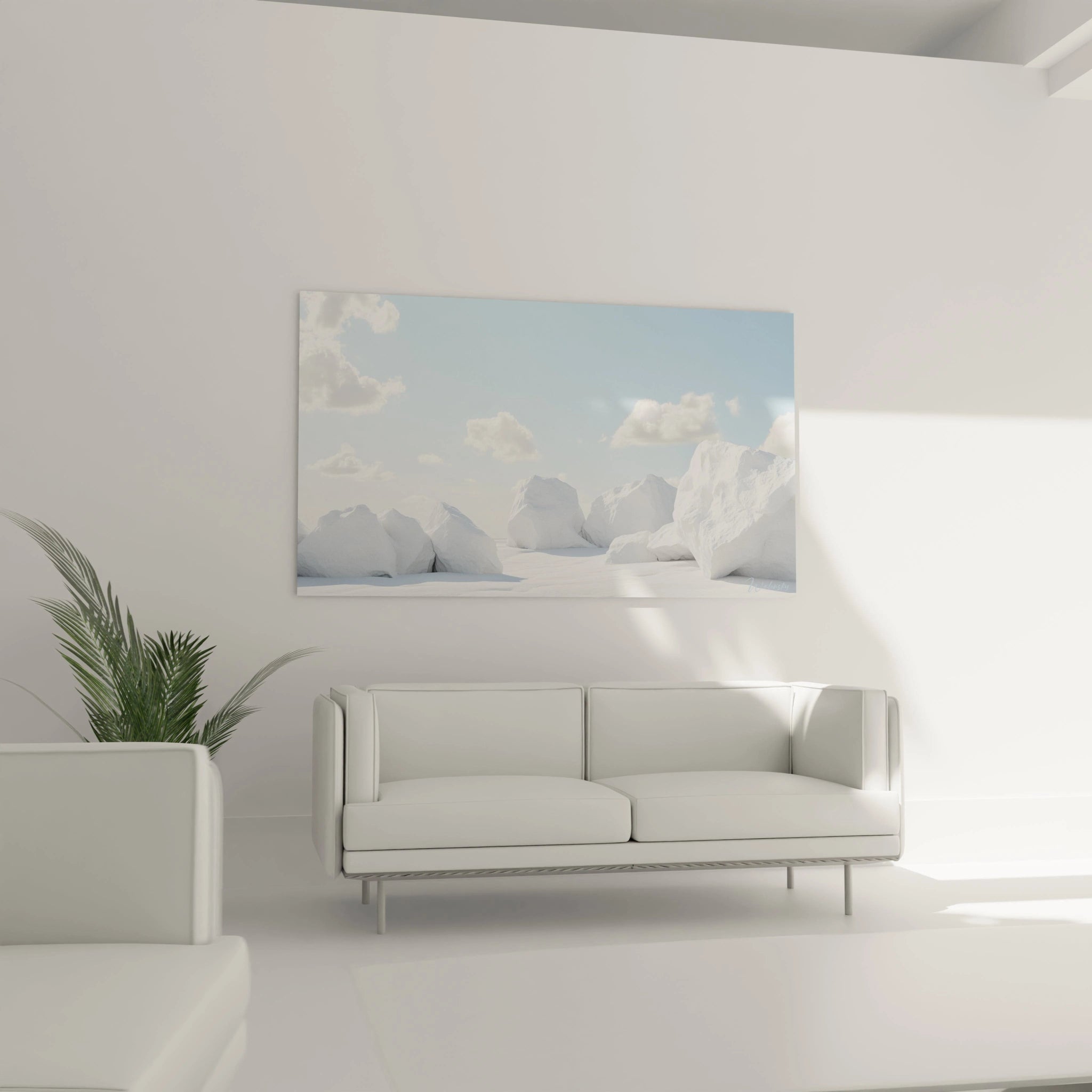 Un tableau paysage arctique représentant des structures glaciaires blanches aux arêtes vives, disposées harmonieusement sur une surface neigeuse, sous un ciel bleu lumineux orné de légers nuages, avec des effets de lumière créant des ombres subtiles.
