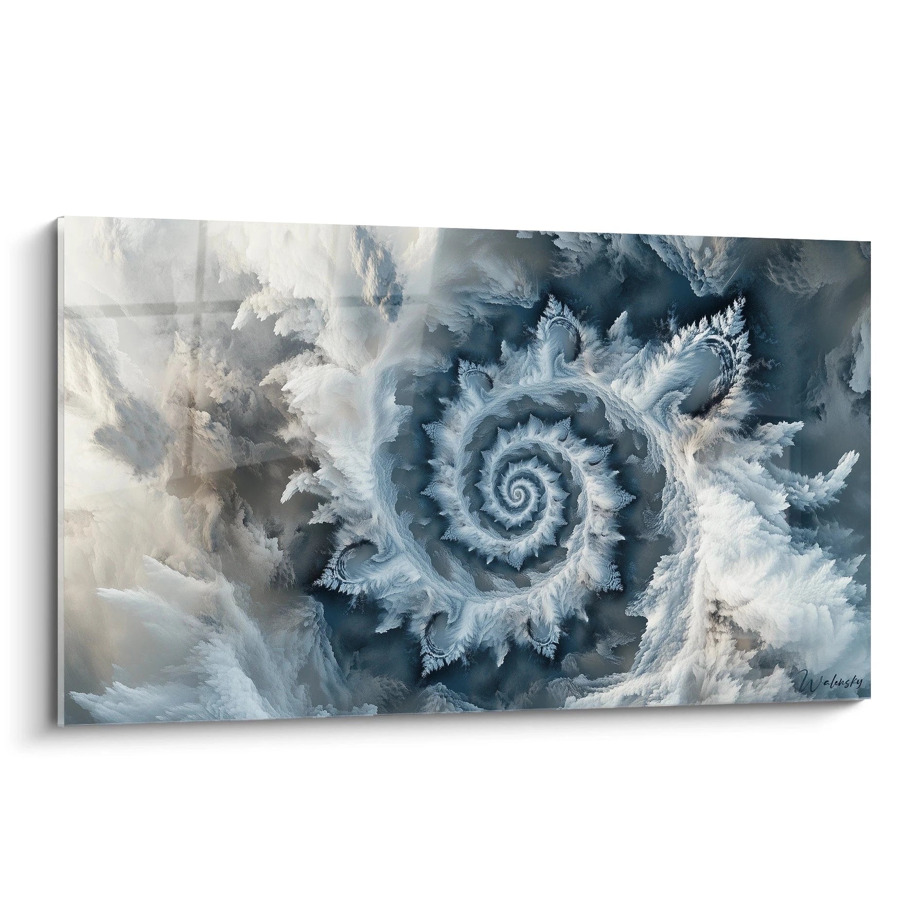 Un tableau abstrait spirale présentant un motif central tourbillonnant avec des formations cristallines blanches et bleutées sur fond bleu profond. Texture givrée et détails fractals créent une impression de mouvement perpétuel.
