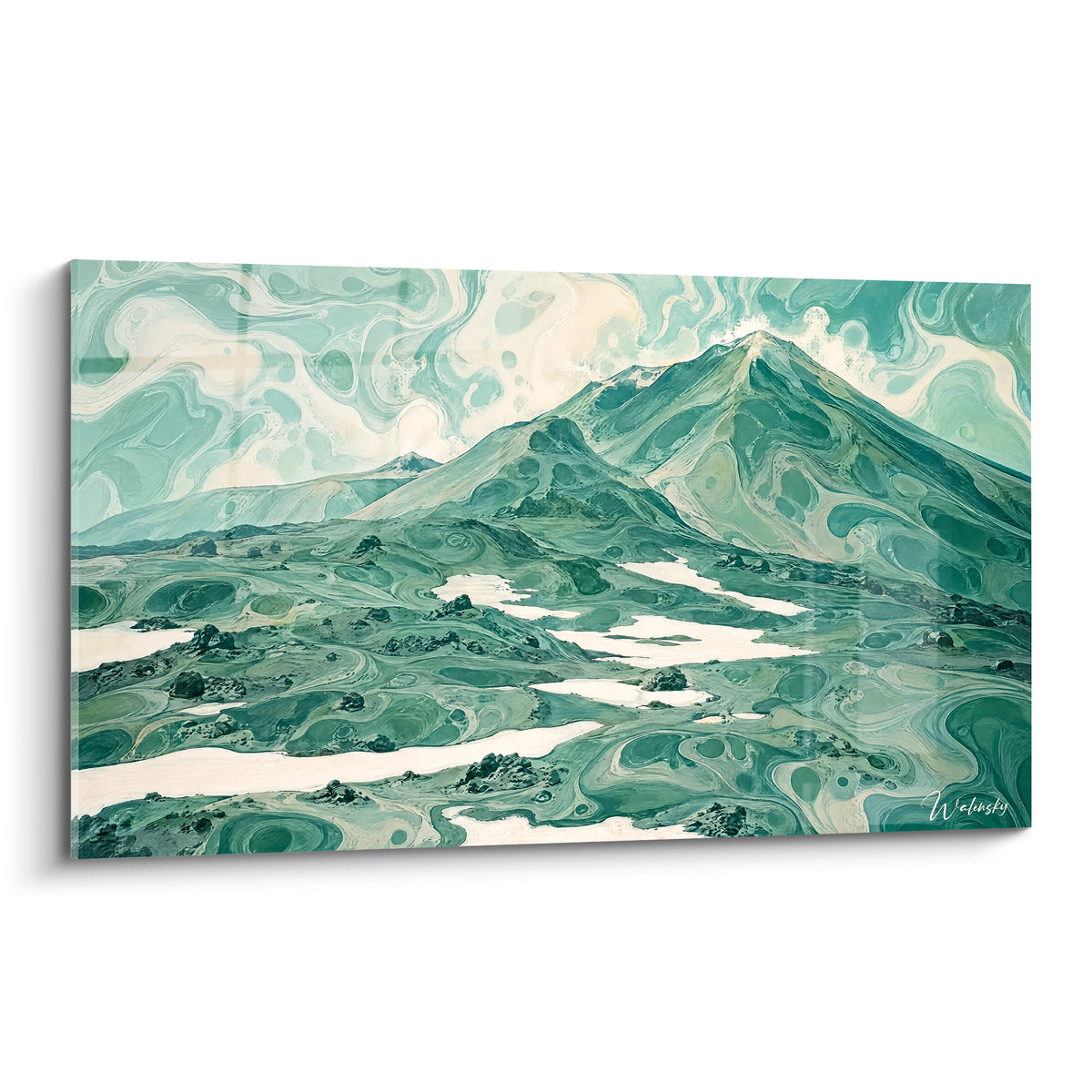 Tableau Etna vert sauge et blanc crème aux formes marbrées en plein cadre lumineux