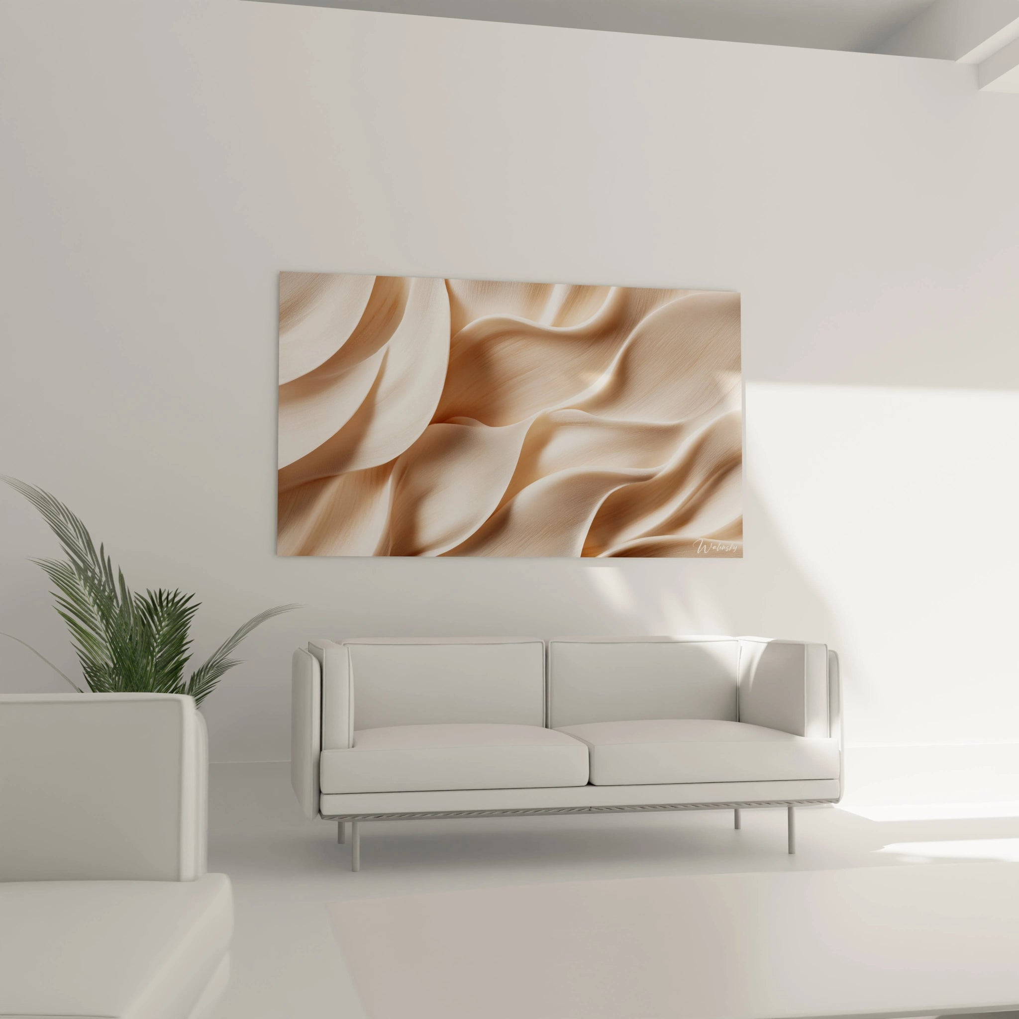 Une composition abstraite texturée mettant en avant des formes organiques fluides, des nuances de beige et de blanc lumineux, et des effets visuels satinés sur un fond uniforme.


