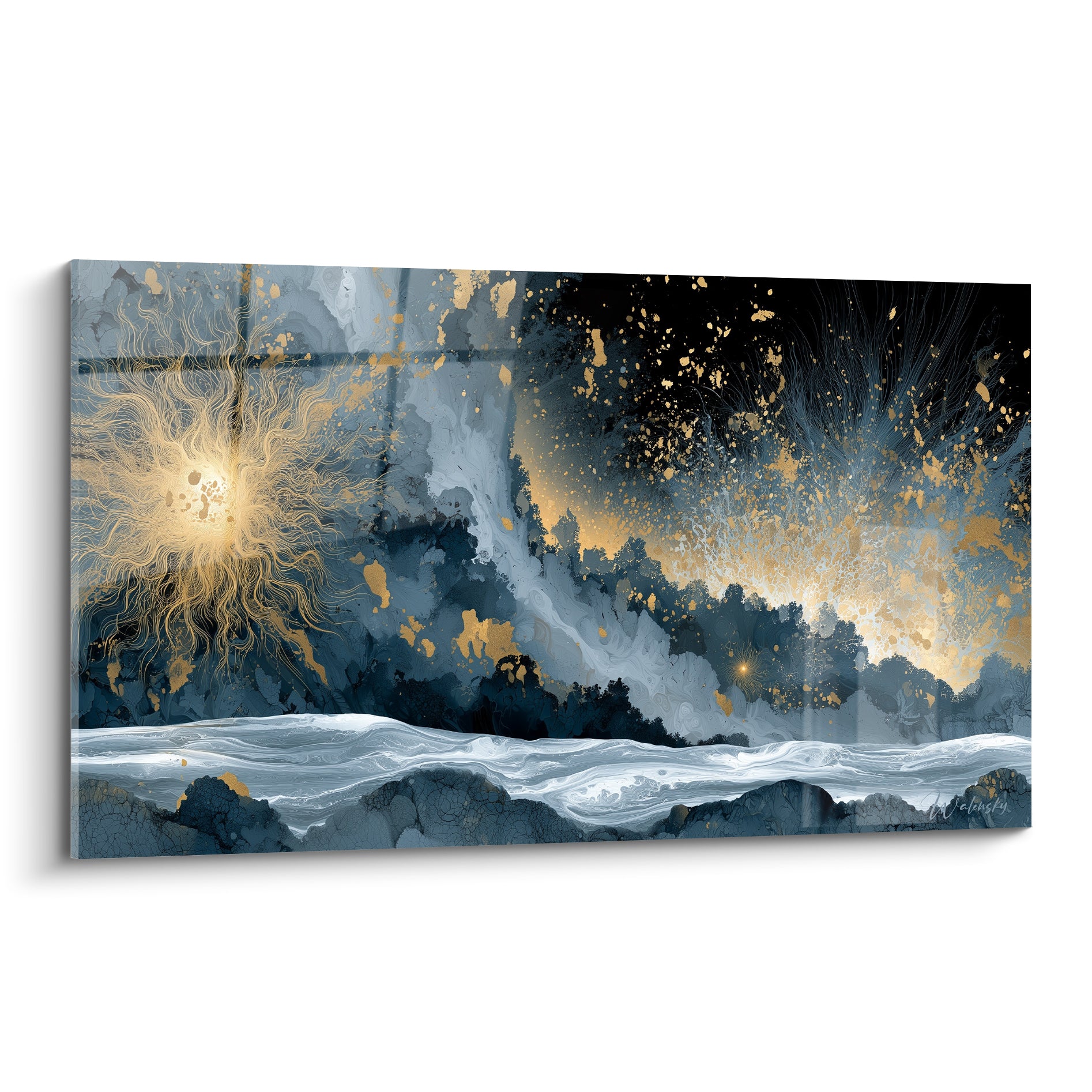 Étoile dorée filamenteuse sur fond bleu marine et anthracite, vagues blanches en bas de l'œuvre