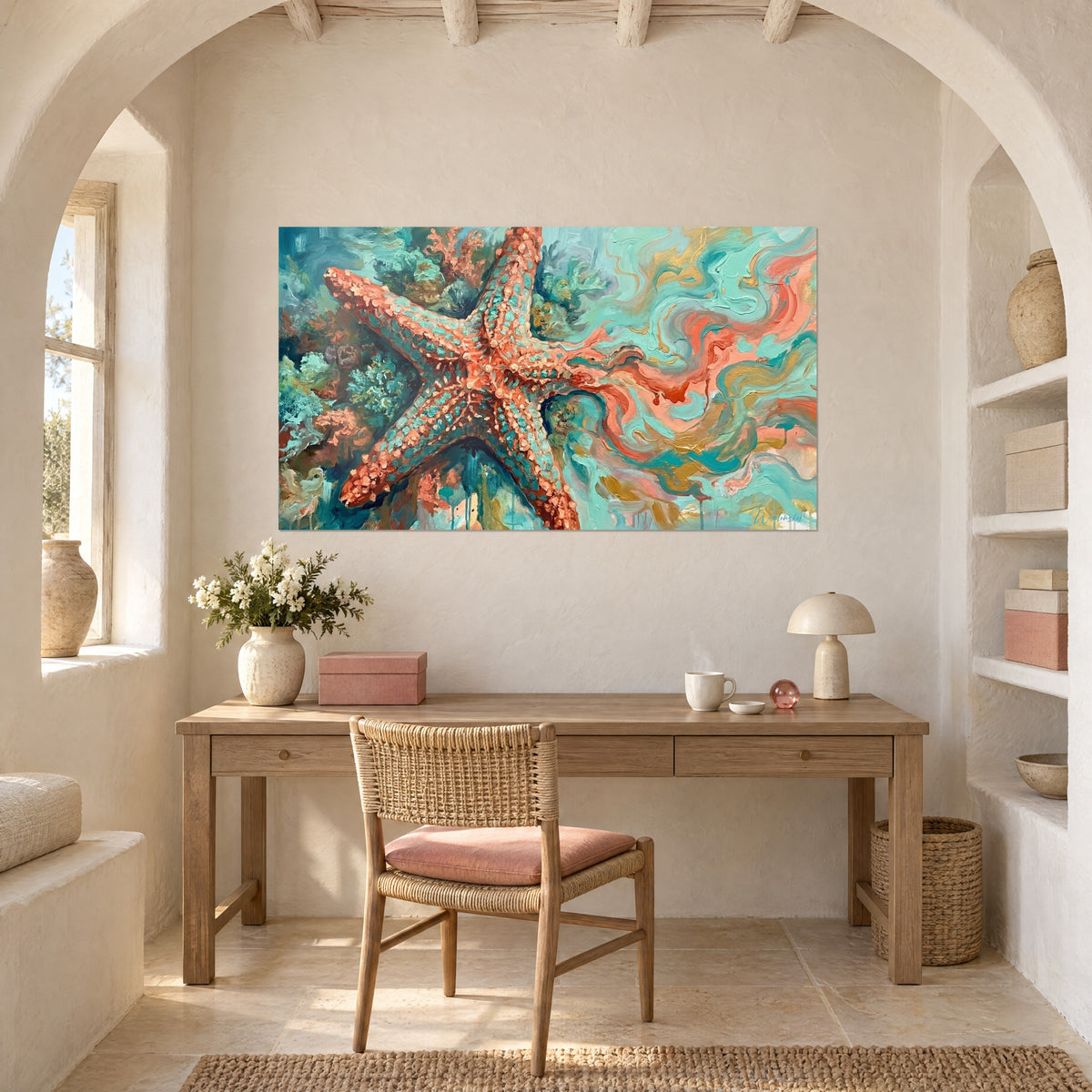 Πίνακας κοραλλί echinoderm με ανοιχτόχρωμες μύτες, τυρκουάζ και χρυσές δίνες, πάνω από ξύλινο γραφείο από ανοιχτόχρωμο ξύλο και καρέκλα με ψάθα