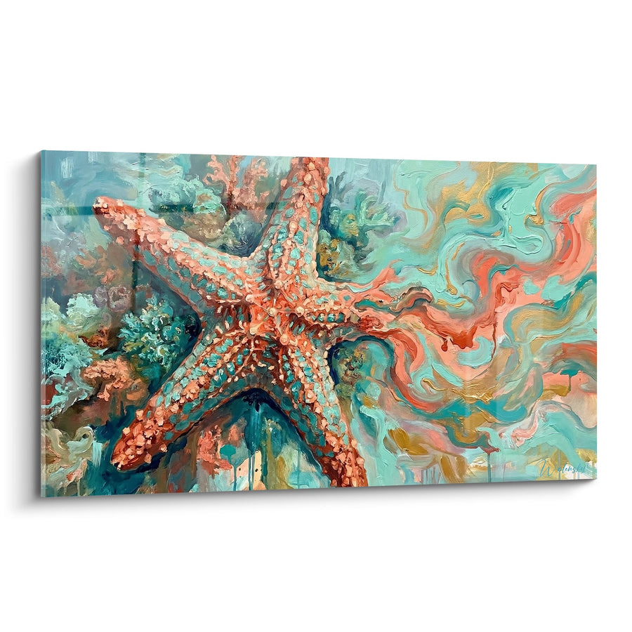 Tableau étoile de mer corail aux tentacules texturés sur fond turquoise fluide - Merveille des abysses - Edition Etoile de mer