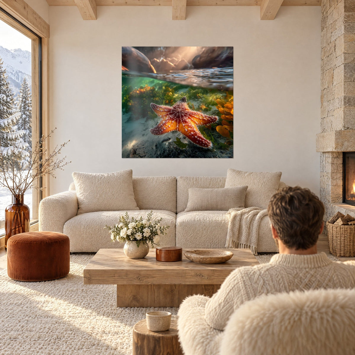 Gemälde Seestern in Rot und Orange auf hellem Sand, goldene Algen, streifendes Licht, über einem Sofa in einem hellen Wohnzimmer