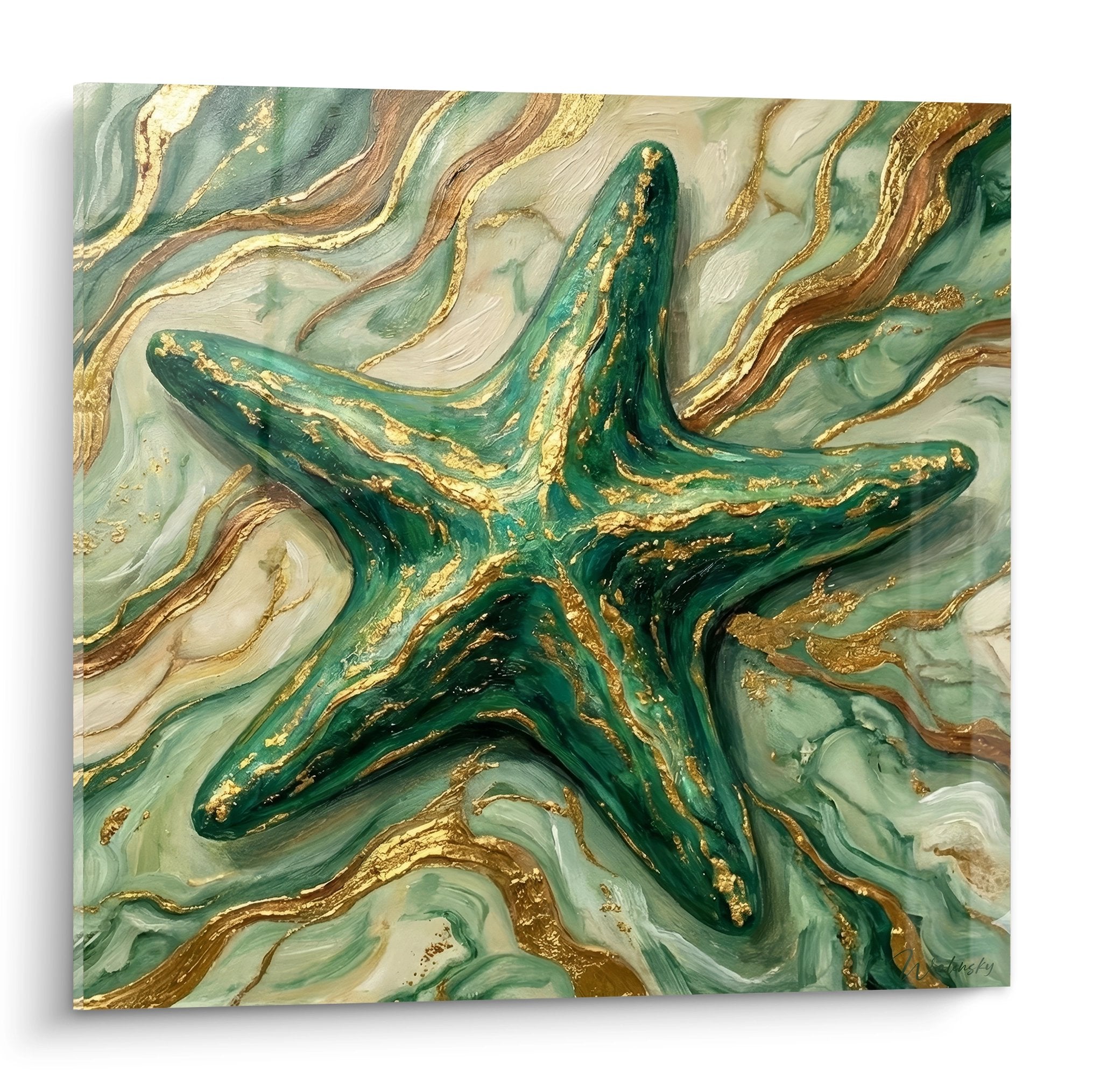 Seestern-Gemälde gold auf türkisem und cremefarbenem Marmor-Hintergrund mit goldenen Reflexen zeitgenössische Meereskunst