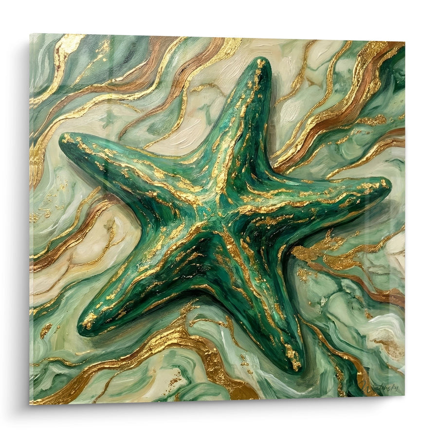 Tableau étoile de mer aux reflets dorés sur marbrure turquoise et crème - Trésor des profondeurs - Edition Etoile de mer