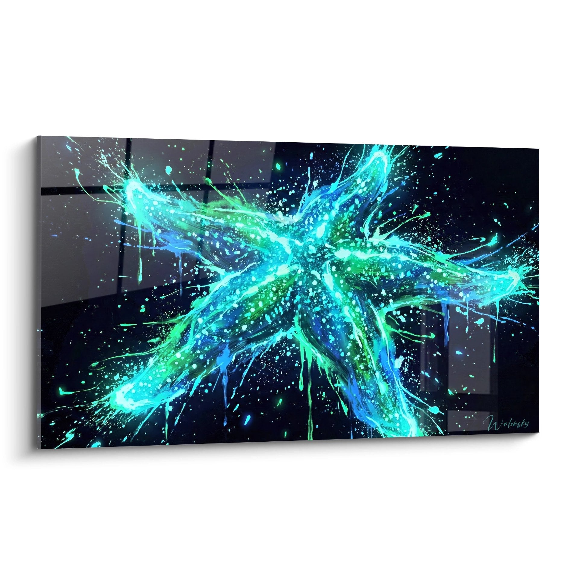 explosiver Seestern Türkis Grün auf schwarzem Hintergrund leuchtende Spritzer zeitgenössische Meereskunst