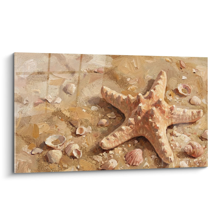 Tableau étoile de mer aux tons ocre et beige sur sable avec coquillages - Trésor de l'océan - Edition Etoile de mer