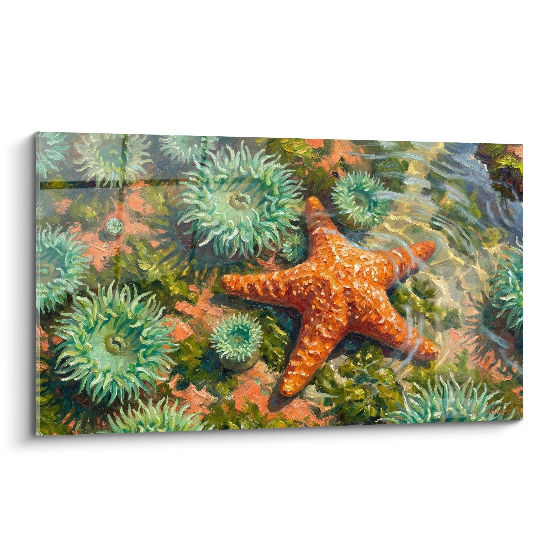 Gemälde orangener Seestern umgeben von grünen Anemonen farbiger Meeresboden goldene Reflexe maritales Kunstwerk