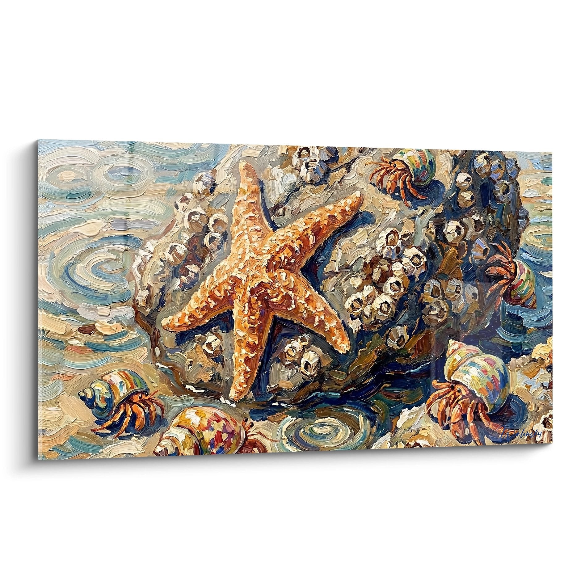 Gemälde einer strukturierten orangefarbenen Seestern auf Felsen mit Einsiedlerkrebs und ausdrucksstarken blauen Meeresstrudeln