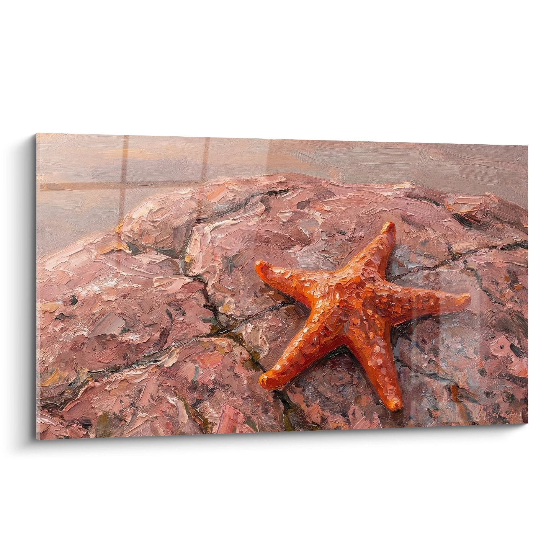 Gemälde Seestern orange auf rosa Steinen, impressionistische Technik mit strukturierten Impastos