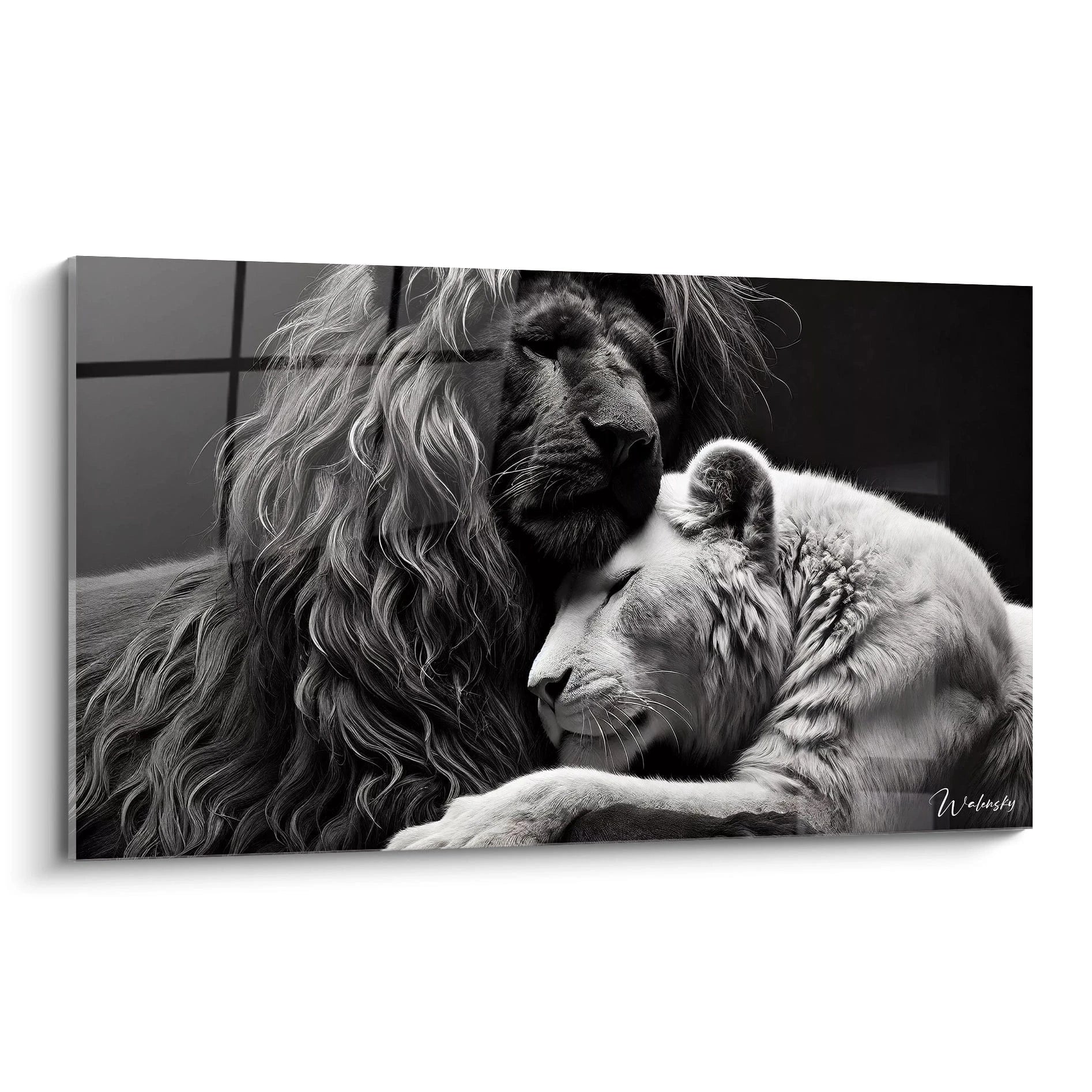 Ce tableau lion capture un moment de tendresse entre deux lions. Vu de biais, il révèle des détails saisissants, parfait pour ceux qui aiment l'art animalier puissant et apaisant.


