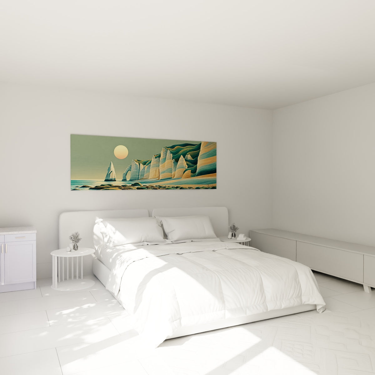 Aiguille rocheuse ocre et falaises vert jade accrochées au-dessus d'un lit dans une chambre claire