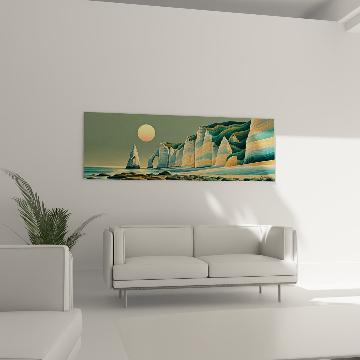 Arche naturelle dorée et falaises jade sculptées suspendues au-dessus d'un canapé dans un salon lumineux
