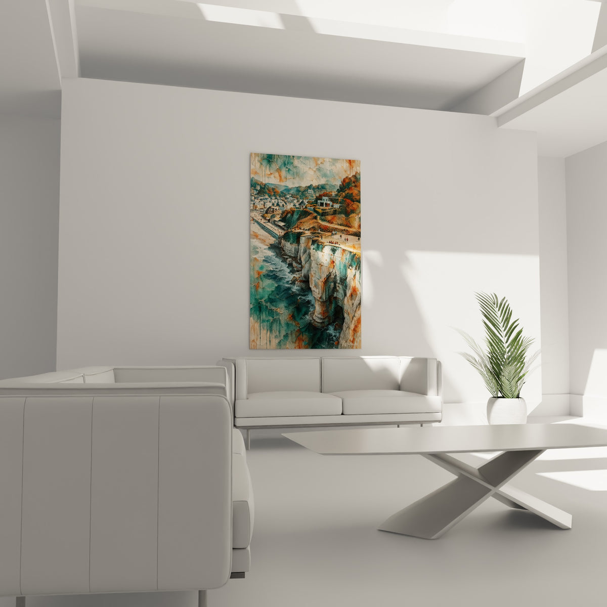 Arche rocheuse et mer turquoise peintes en aquarelle terracotta au-dessus d'un canapé dans un salon lumineux
