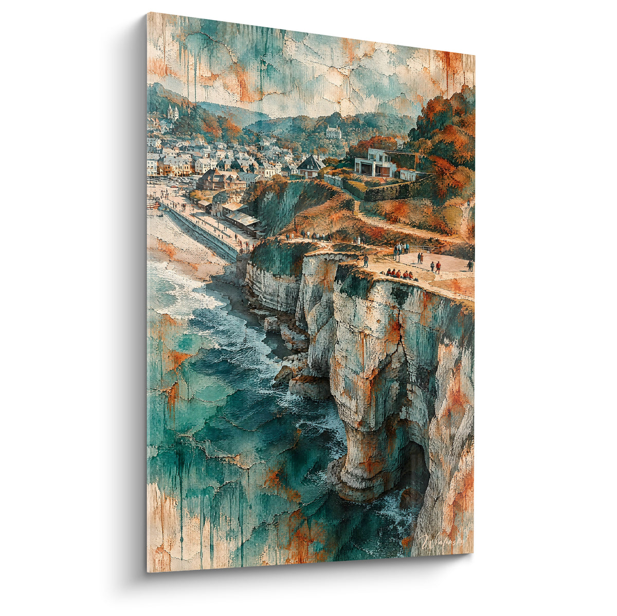 Falaise blanche et village normand en tableau aquarelle turquoise et terracotta sur toile