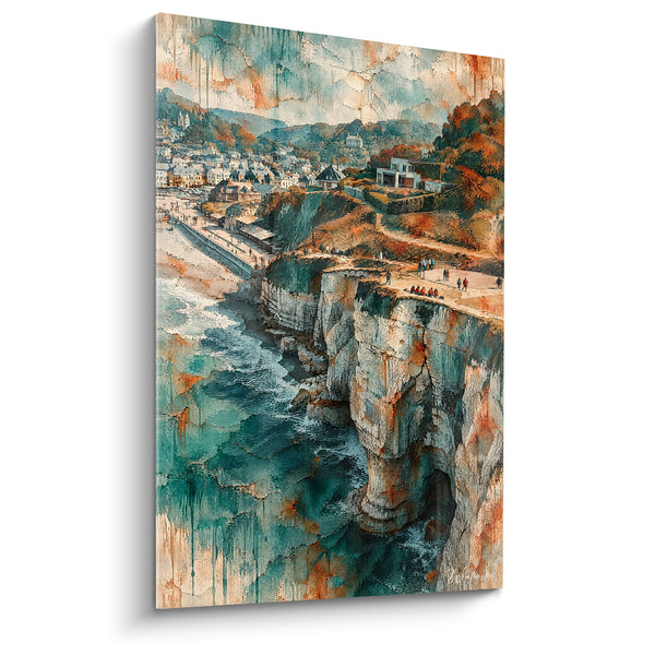 Schilderij Turquoise en oker klif met wandelaars - Dorpszicht vanuit de hoogte - Editie Étretat Normandie Frankrijk
