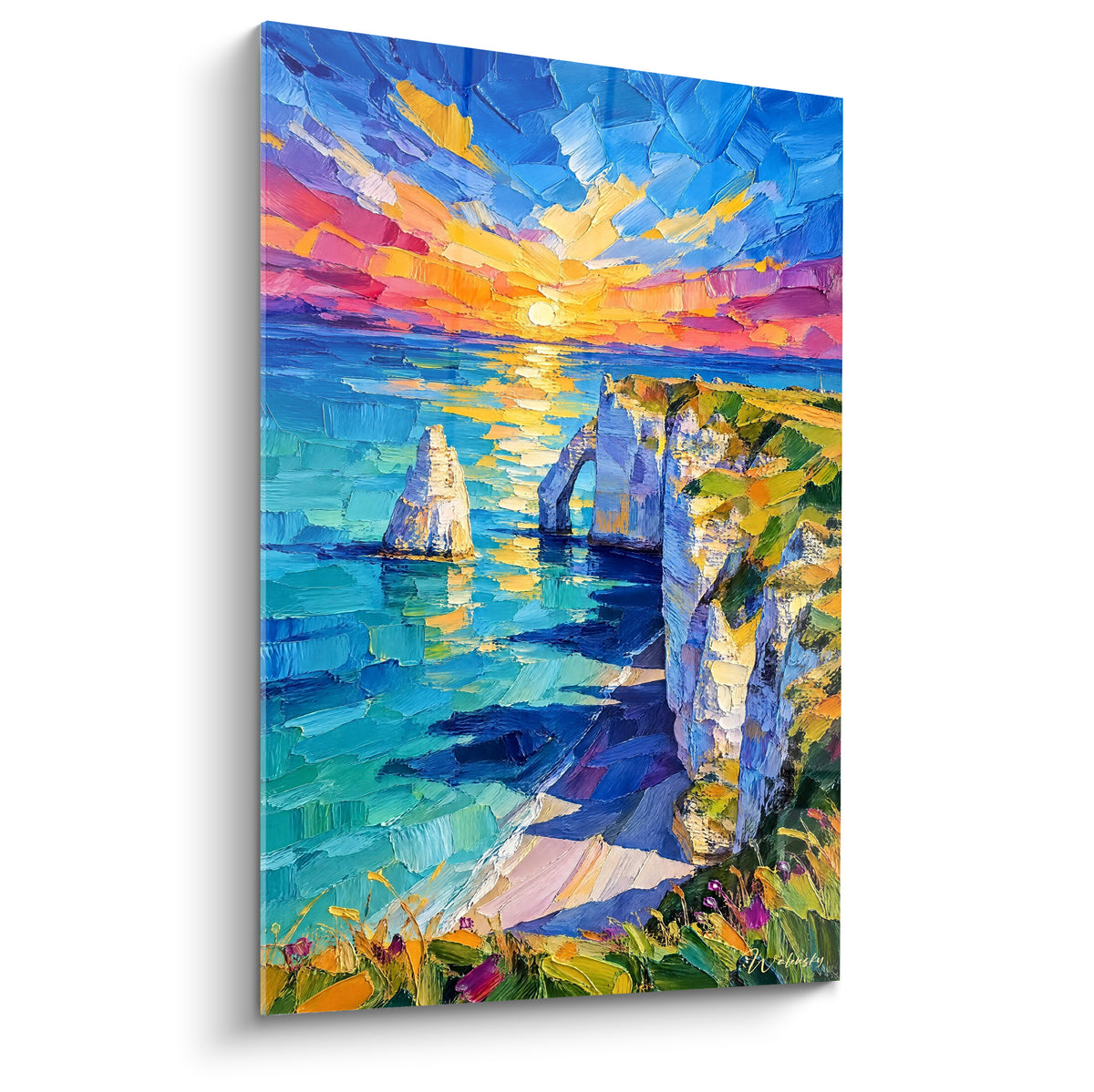 Falaises d'Étretat peintes en bleu profond et orange doré, arche naturelle et mer turquoise au couteau