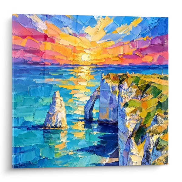 Tableau Arche rocheuse violette et turquoise au soleil éclatant - Aiguille creuse solitaire - Edition Étretat Normandie France