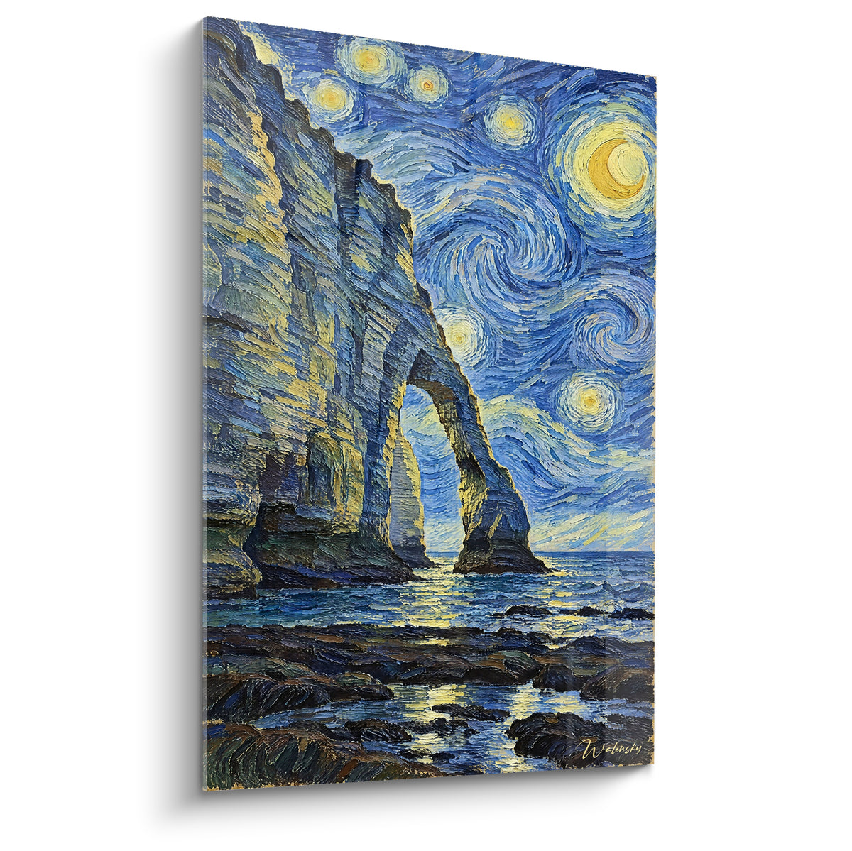 Arche rocheuse d'Étretat sous ciel bleu marine et doré tourbillonnant, style expressionniste texturé