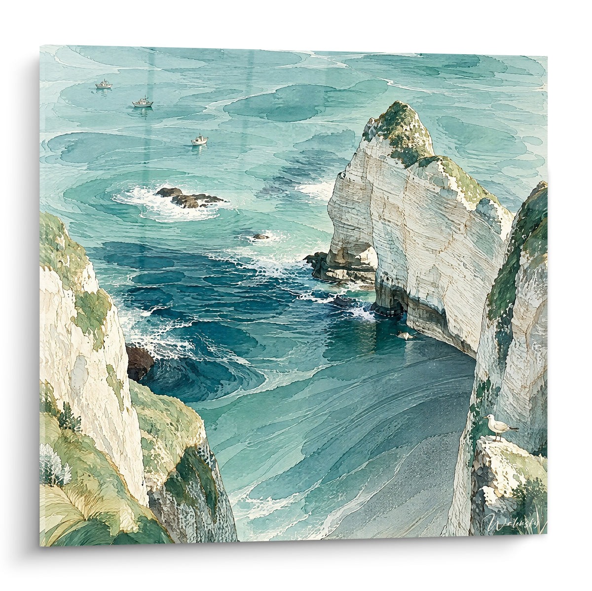 Falaise crayeuse Étretat Normandie France aux reflets turquoise et verts, arche rocheuse et mouette en premier plan