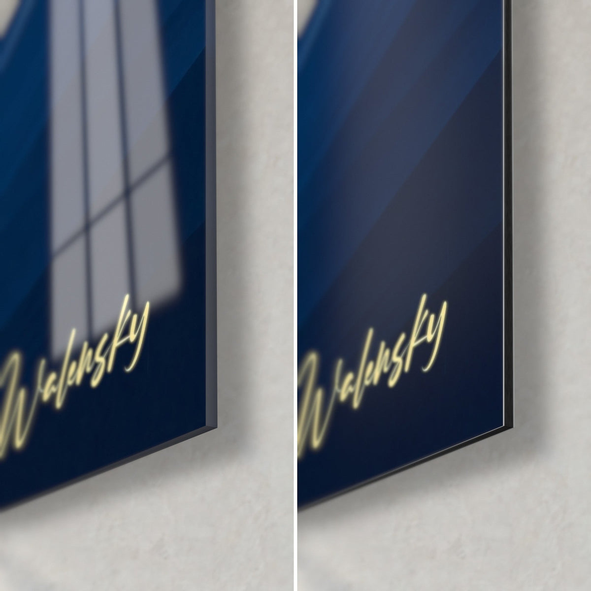 Wall art cream and navy chalk cliff, bottom right corner: glossy acrylic glass on the left, matte aluminium Dibond, 3 mm edge