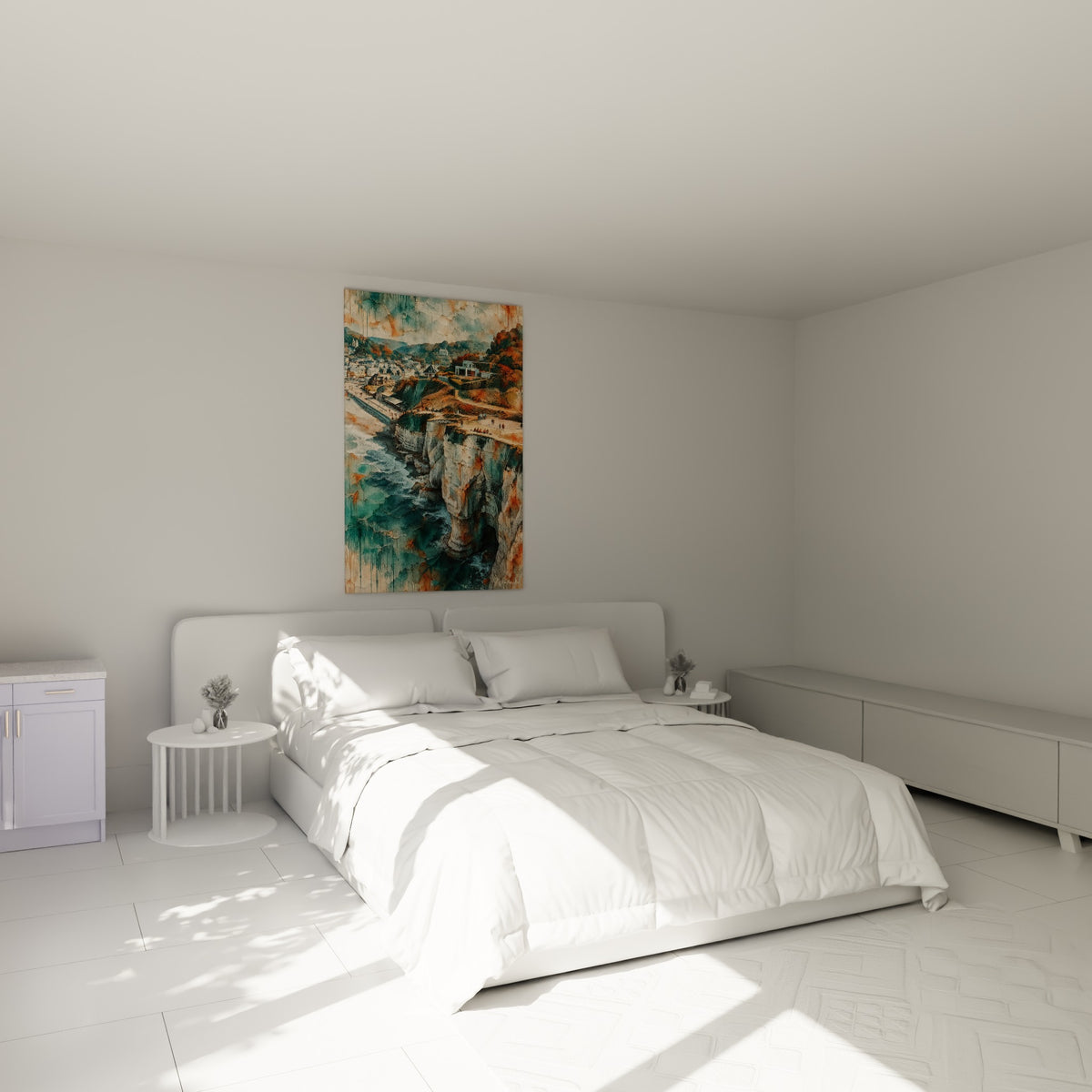 Village normand niché sous la falaise turquoise accroché au-dessus d'un lit dans une chambre claire