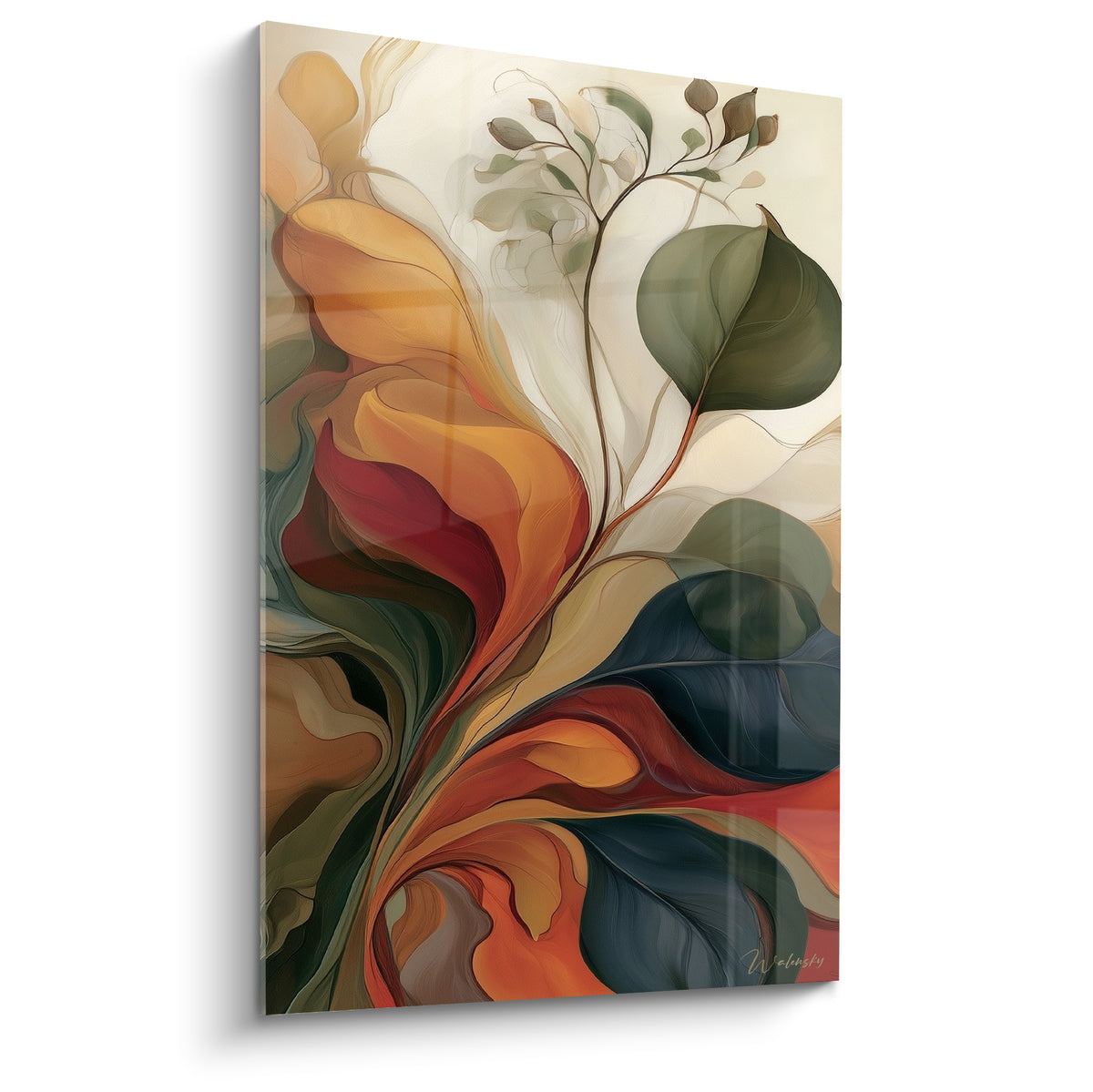 Eucalyptus stylisé aux teintes ocre et bleu marine, feuilles fluides sur fond crayeux clair
