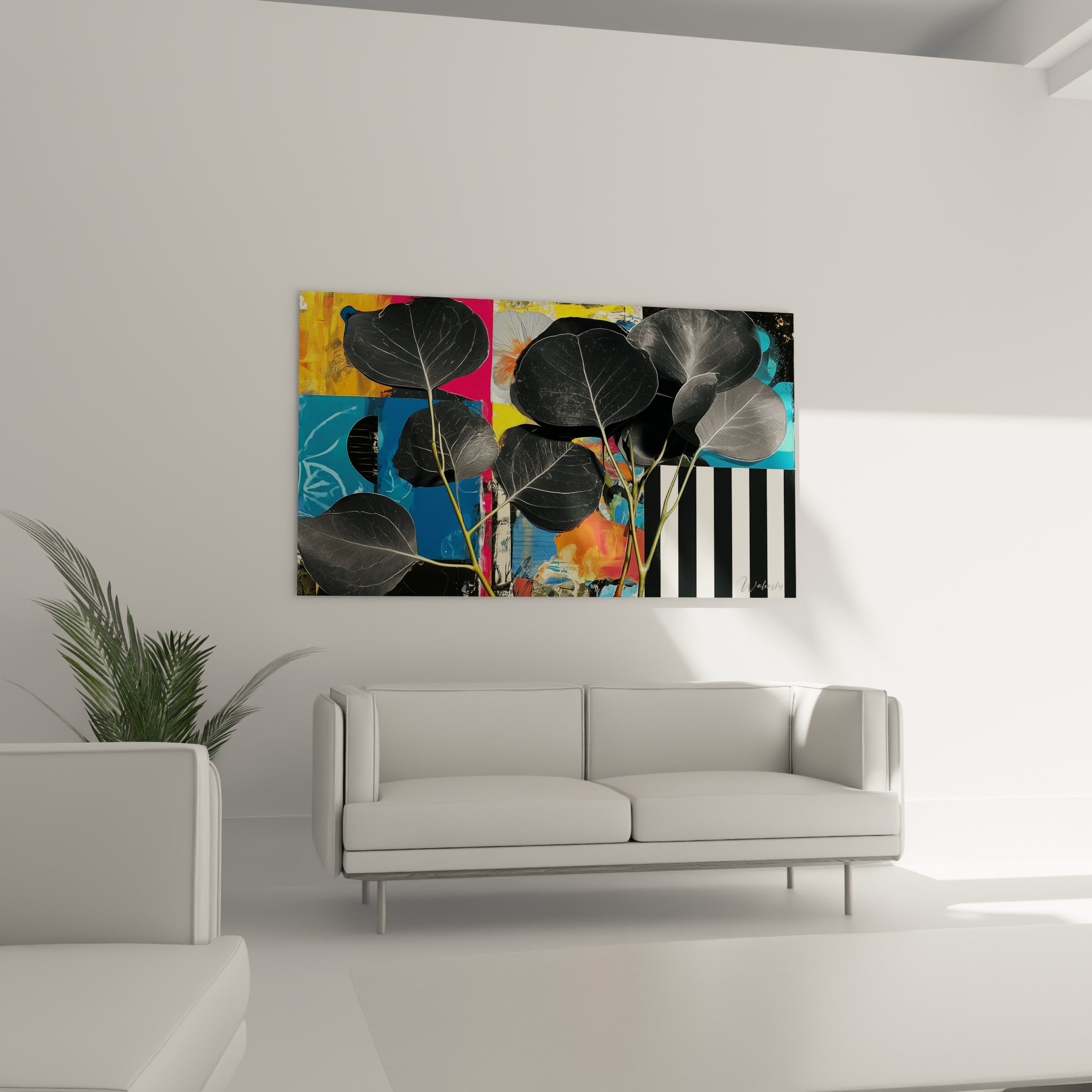 Composition eucalyptus anthracite et orange brûlé disposée au-dessus d'un canapé dans un salon lumineux