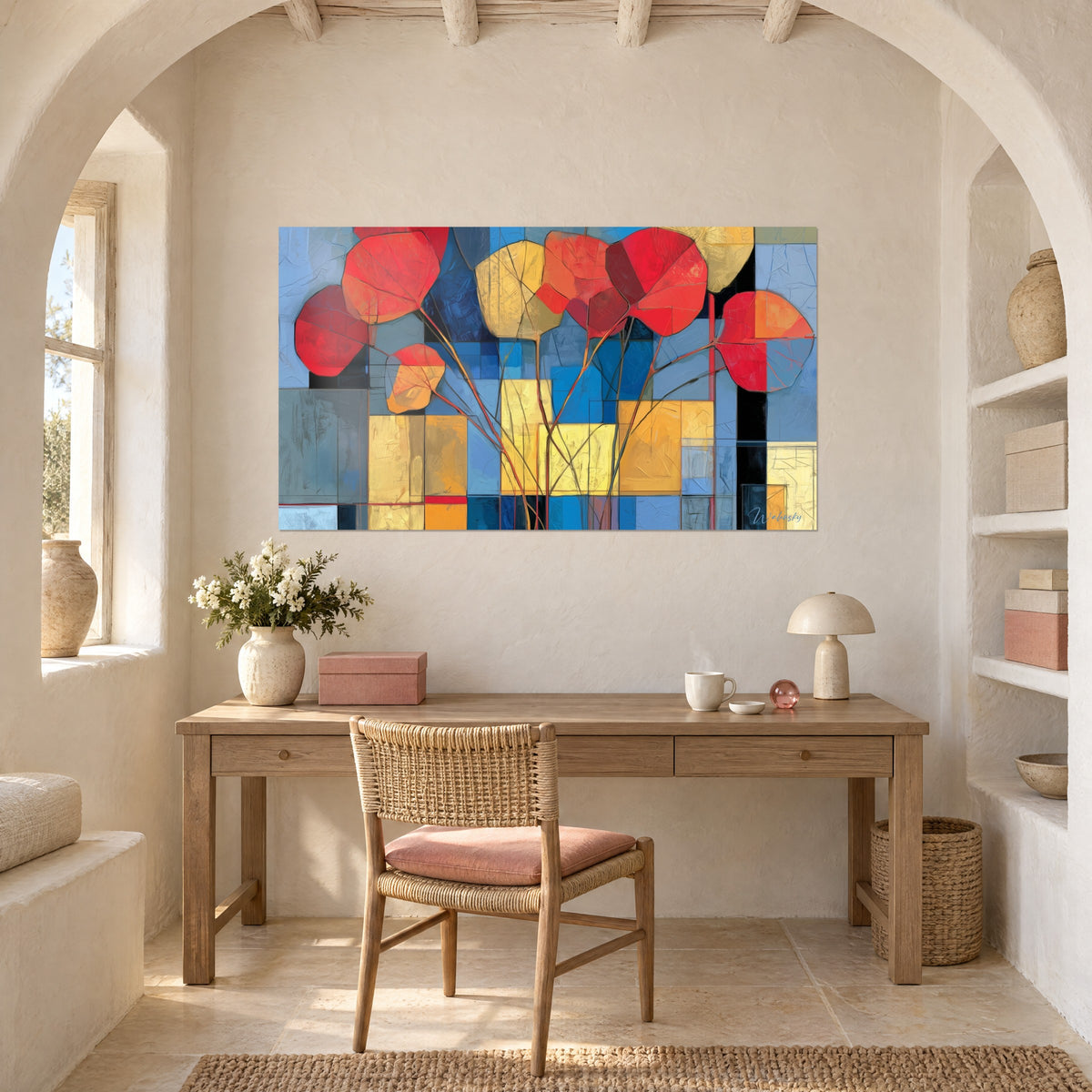 Cuadro de árbol estilizado con hojas rojo coral y ámbar, superficies planas azul real y amarillo mantequilla, colgado encima de un escritorio de madera clara