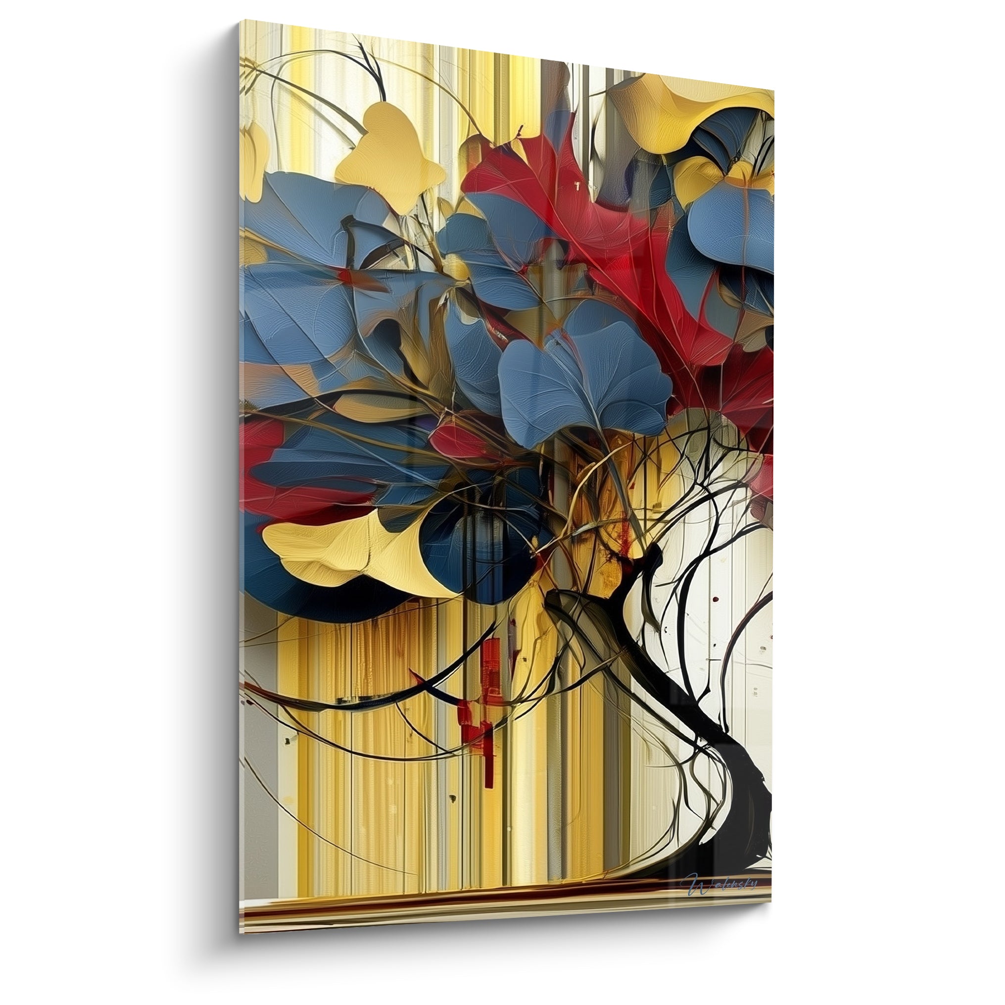 Arbre eucalyptus stylisé aux feuilles bleu marine et rouge profond sur fond doré strié