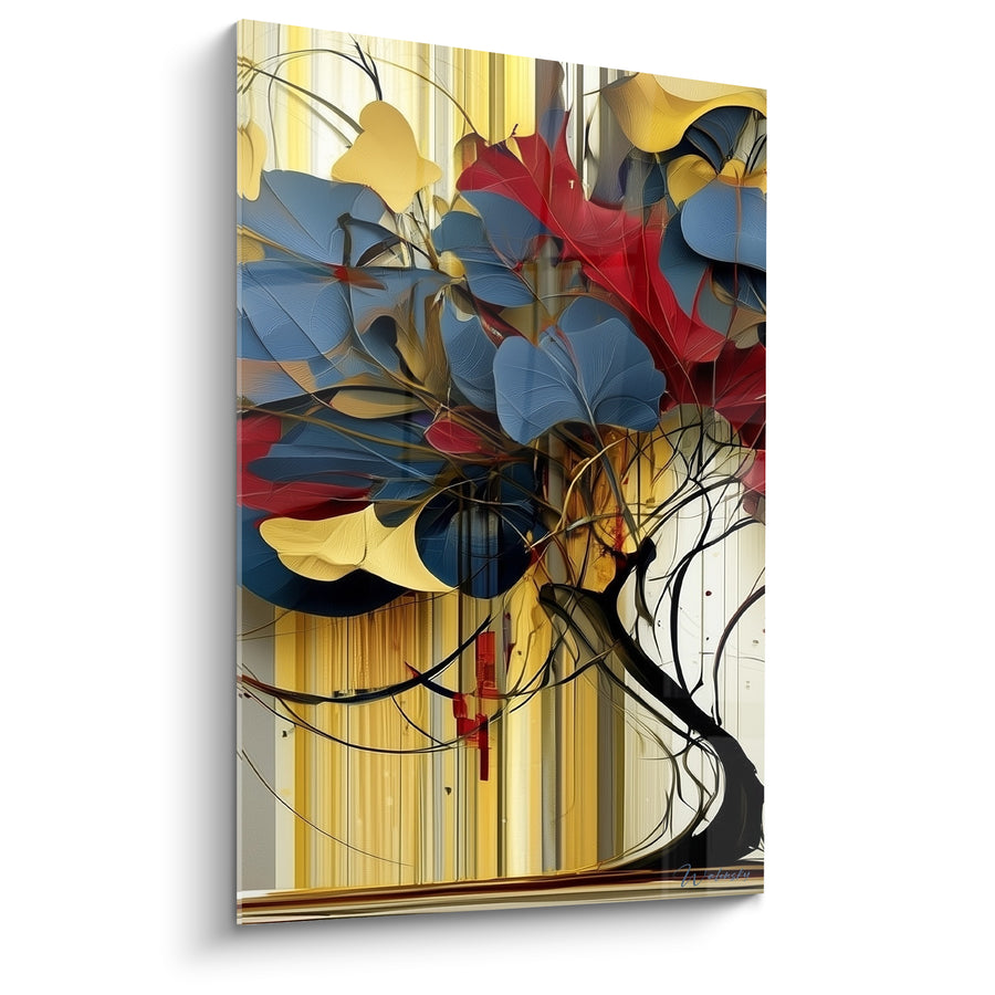 Tableau Arbre feuillage bleu et rouge sur rayures dorées - Tronc noir sinueux - Edition Eucalyptus