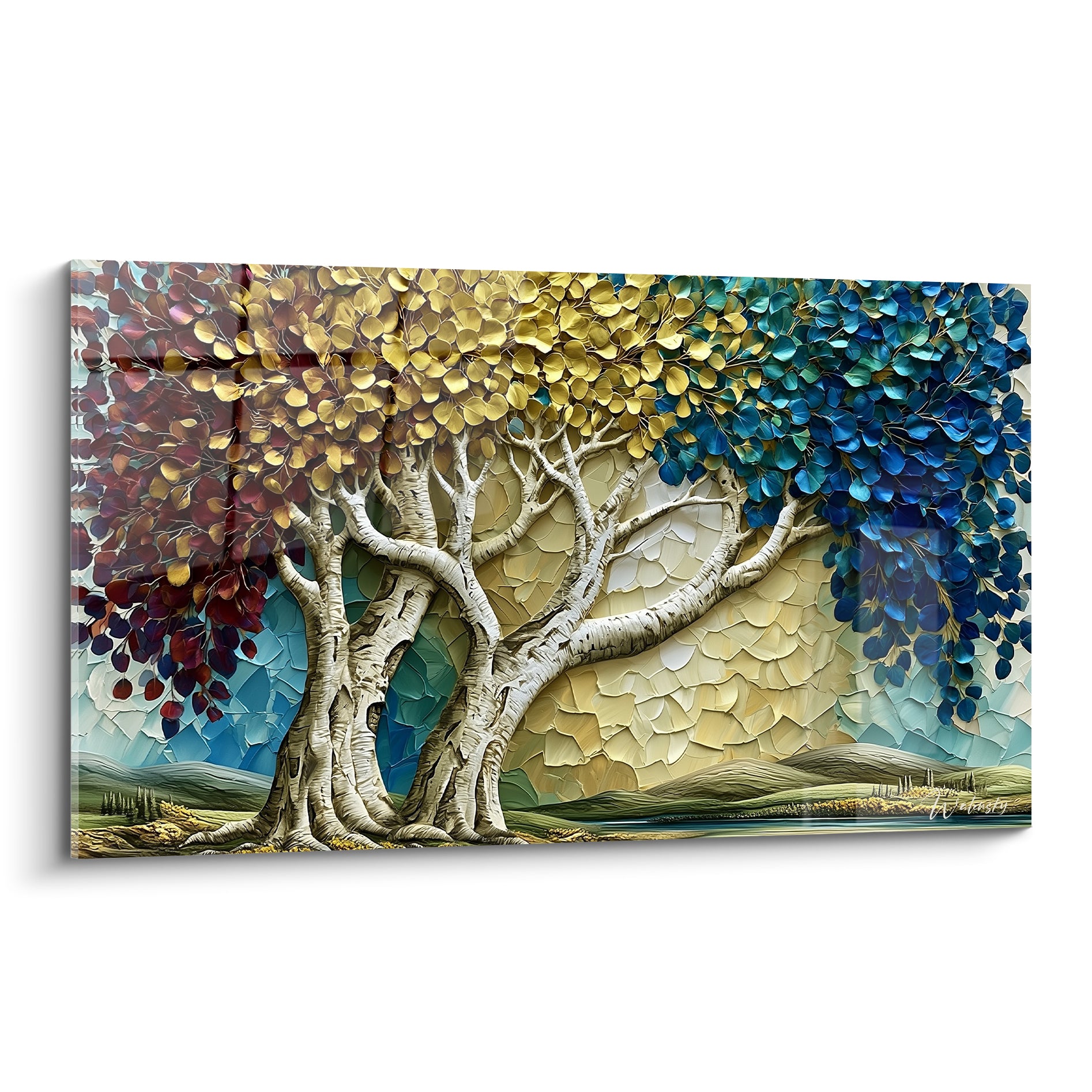 Arbre Eucalyptus au tronc noueux, feuillage bordeaux, doré et bleu marine en relief sculpté