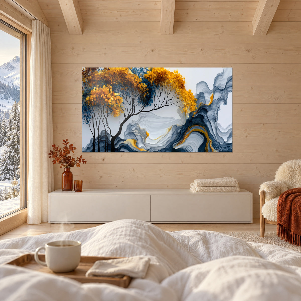 Tableau houppier jaune safran et bleu marine sur strates de brume grise, branches noires, accroché au-dessus d'un lit dans une chambre claire
