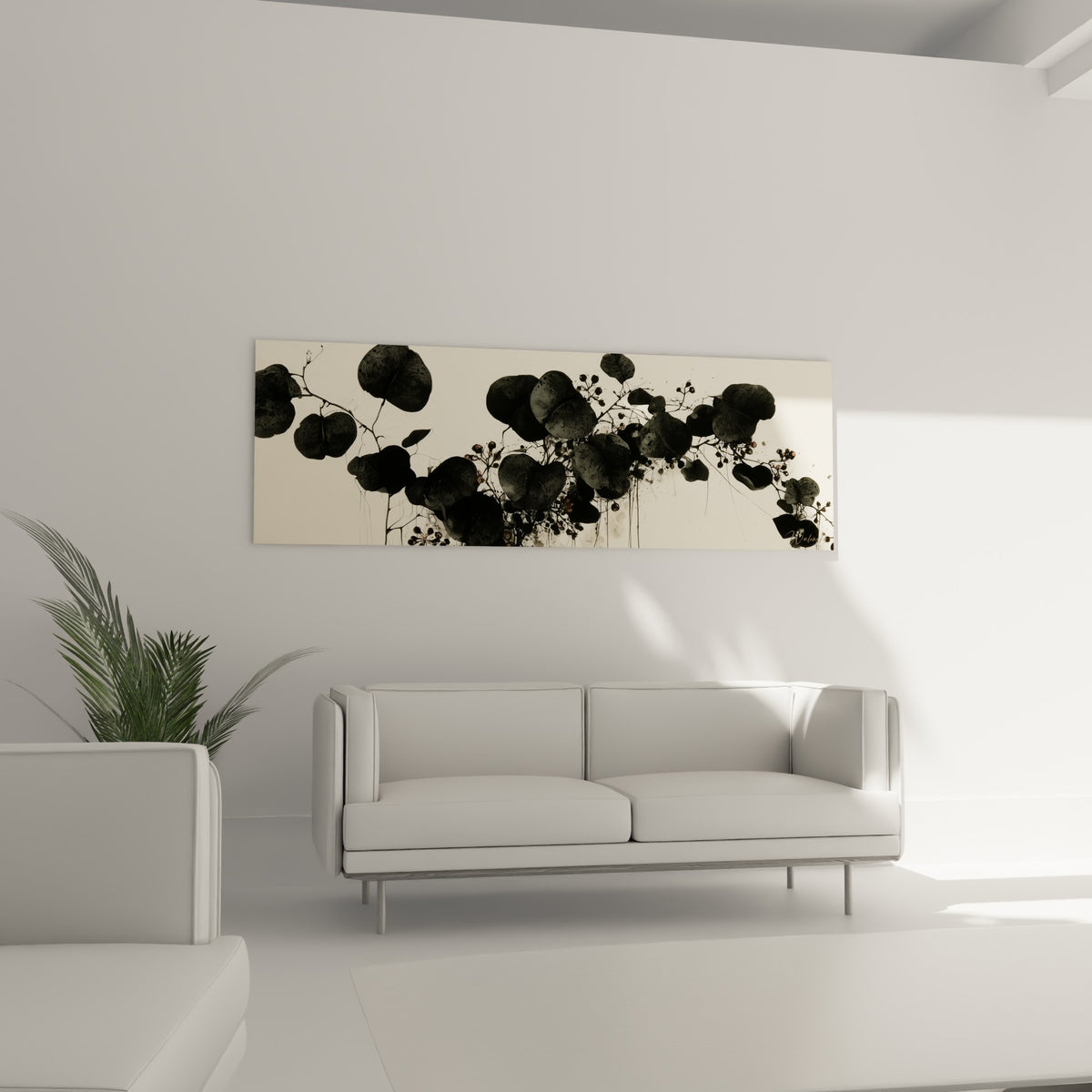 Grappes de baies sombres et feuilles noires d'eucalyptus, suspendues au-dessus d'un canapé dans un salon lumineux