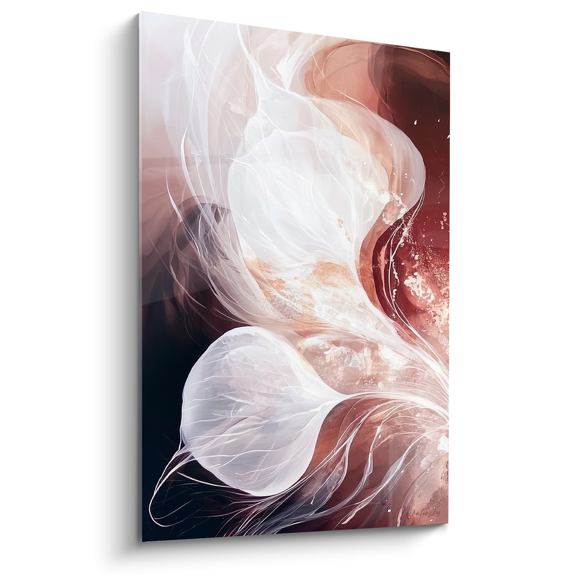 Formes vaporeuses blanches et bordeaux du tableau Eucalyptus, style abstrait fluide et translucide