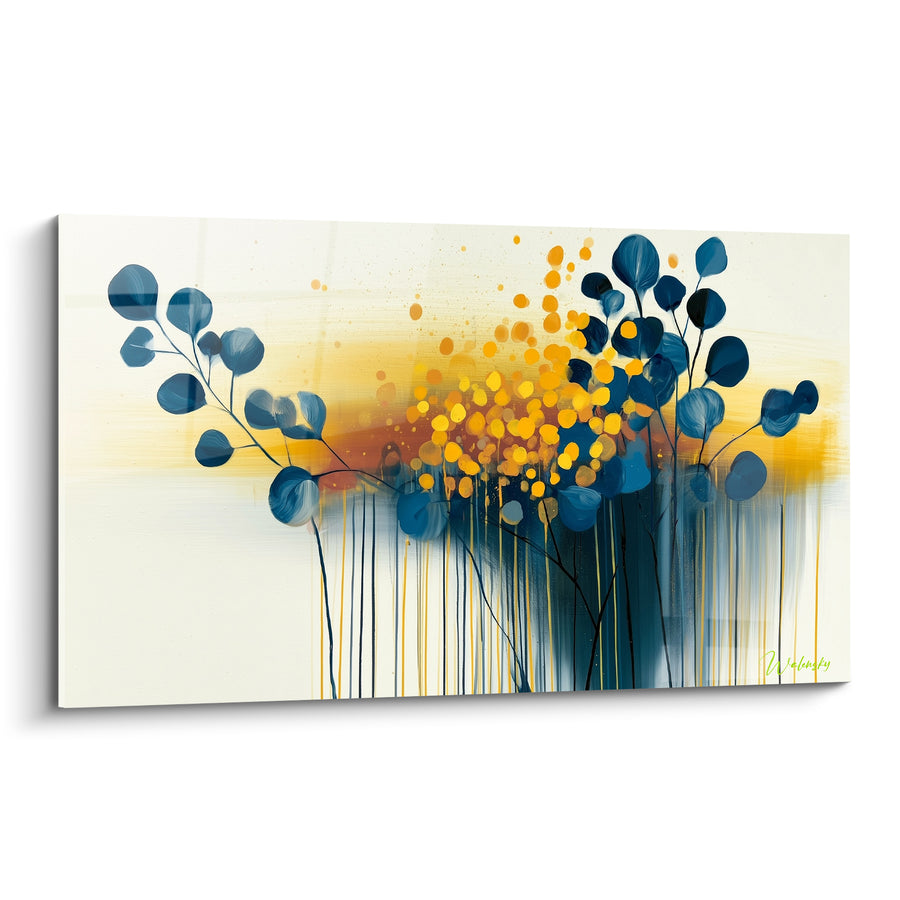 Tableau Feuillage bleu marine et coulures dorées - Éclosion suspendue - Edition Eucalyptus
