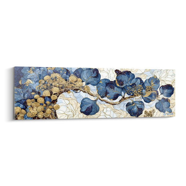 Tableau Branche bleue et dorée aux baies rondes - Nervures entrelacées fines - Edition Eucalyptus