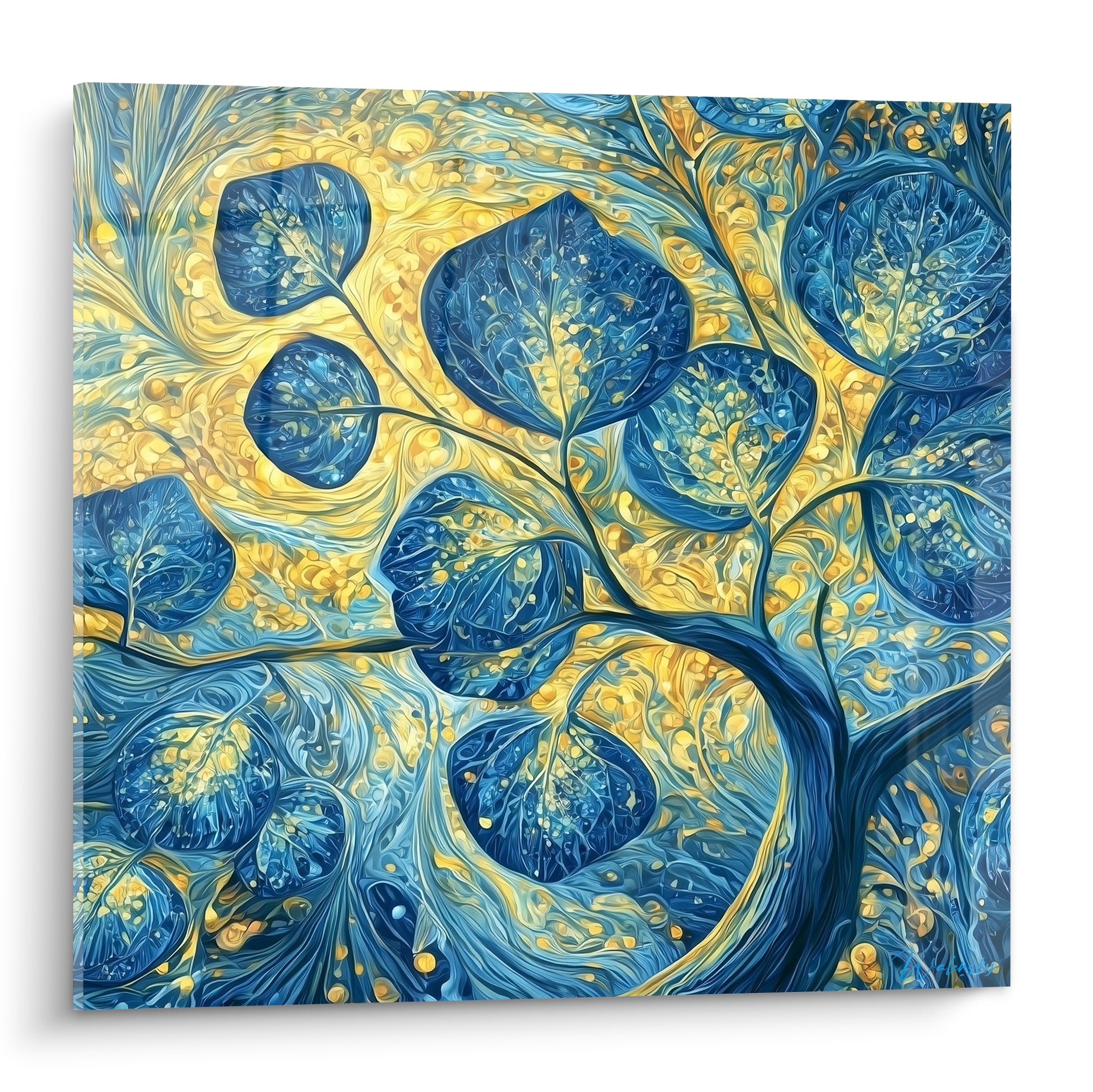 Eucalyptus bleu marine et doré, feuillage tourbillonnant en pleine lumière, style graphique intense