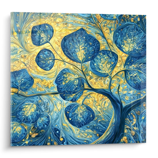Eucalyptus bleu marine et doré, feuillage tourbillonnant en pleine lumière, style graphique intense