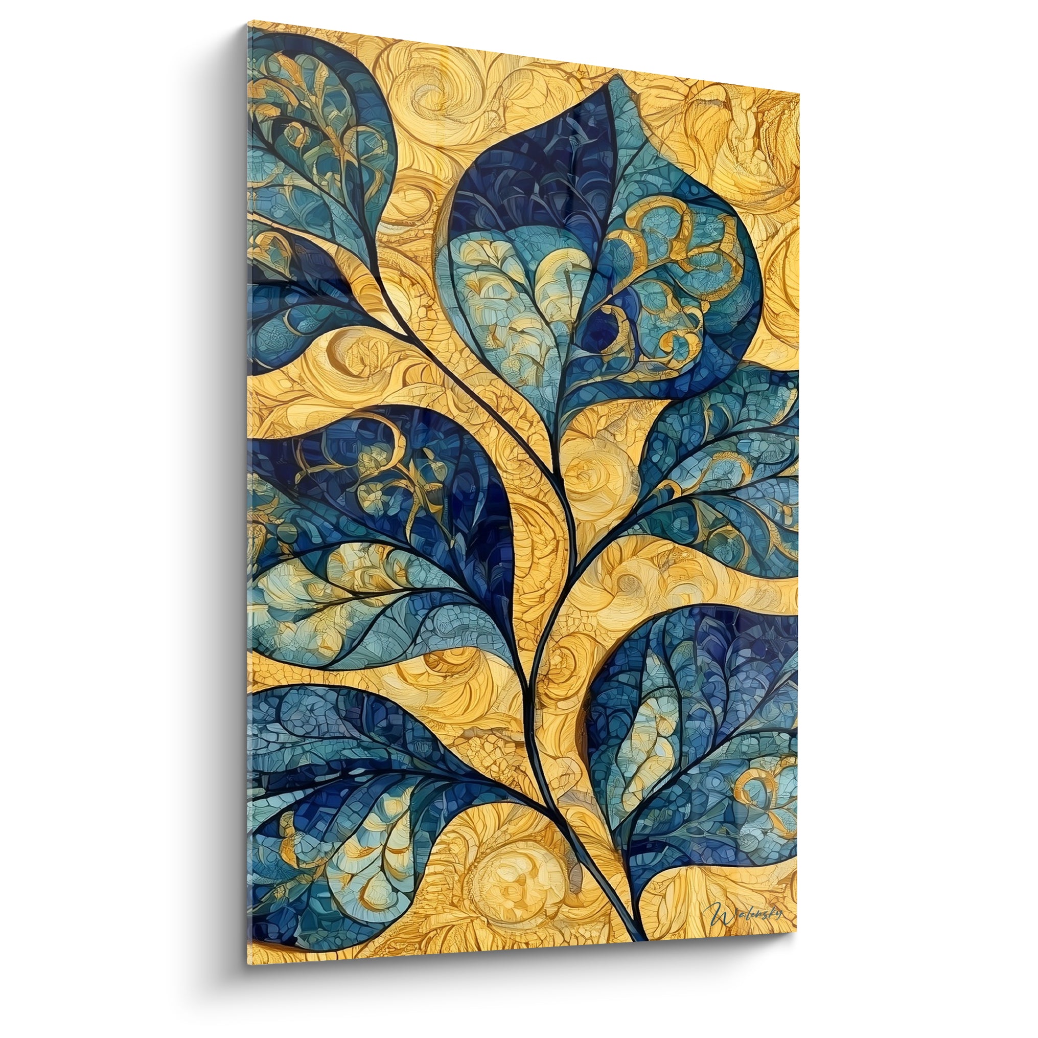 Feuilles d'eucalyptus bleu marine et turquoise sur fond doré façon vitrail ornemental détaillé