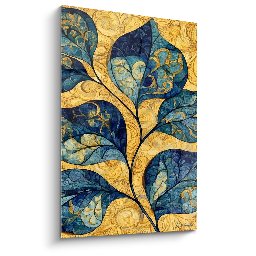 Tableau Feuilles bleues sur fond doré ornemental - Éclat de vitrail - Edition Eucalyptus