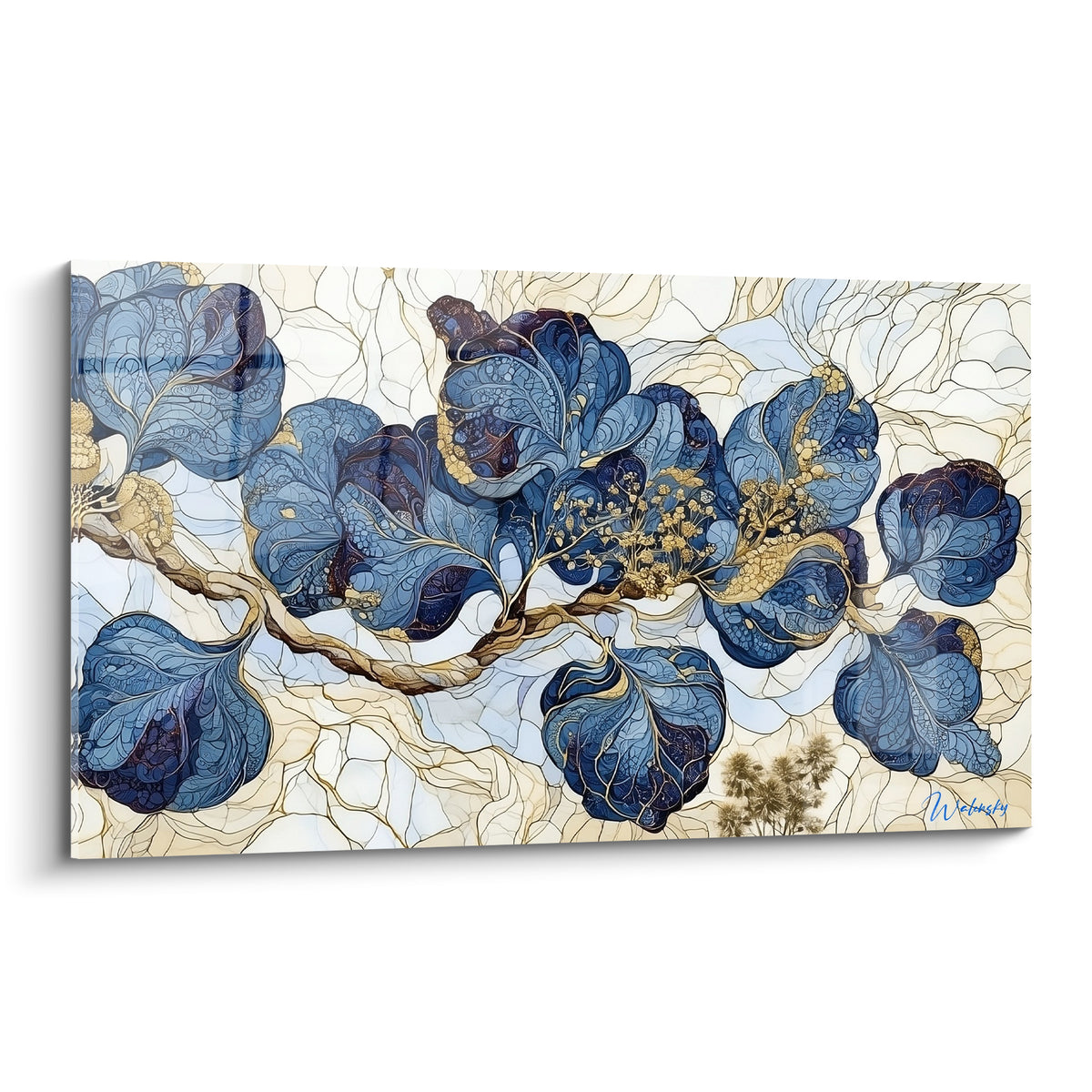 Eucalyptus aux feuilles bleu marine veinées d'or, style vitrail sur fond ivoire.
