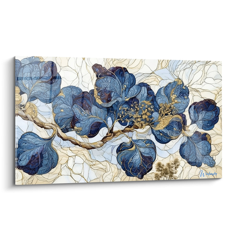 Tableau Branche eucalyptus feuilles bleu marine et dorées - Ramure précieuse - Edition Eucalyptus
