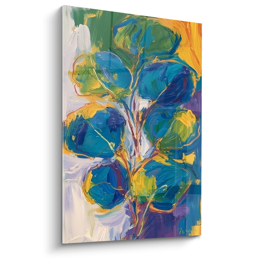 Tableau Feuilles rondes bleues et jaunes sur tige orangée - Contours cernés vifs - Edition Eucalyptus