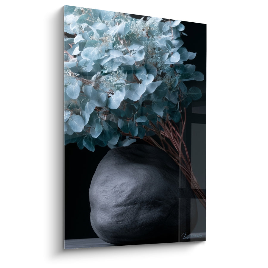 Tableau Vase rond noir aux feuilles bleu pâle - Tiges brunes entrelacées - Edition Eucalyptus