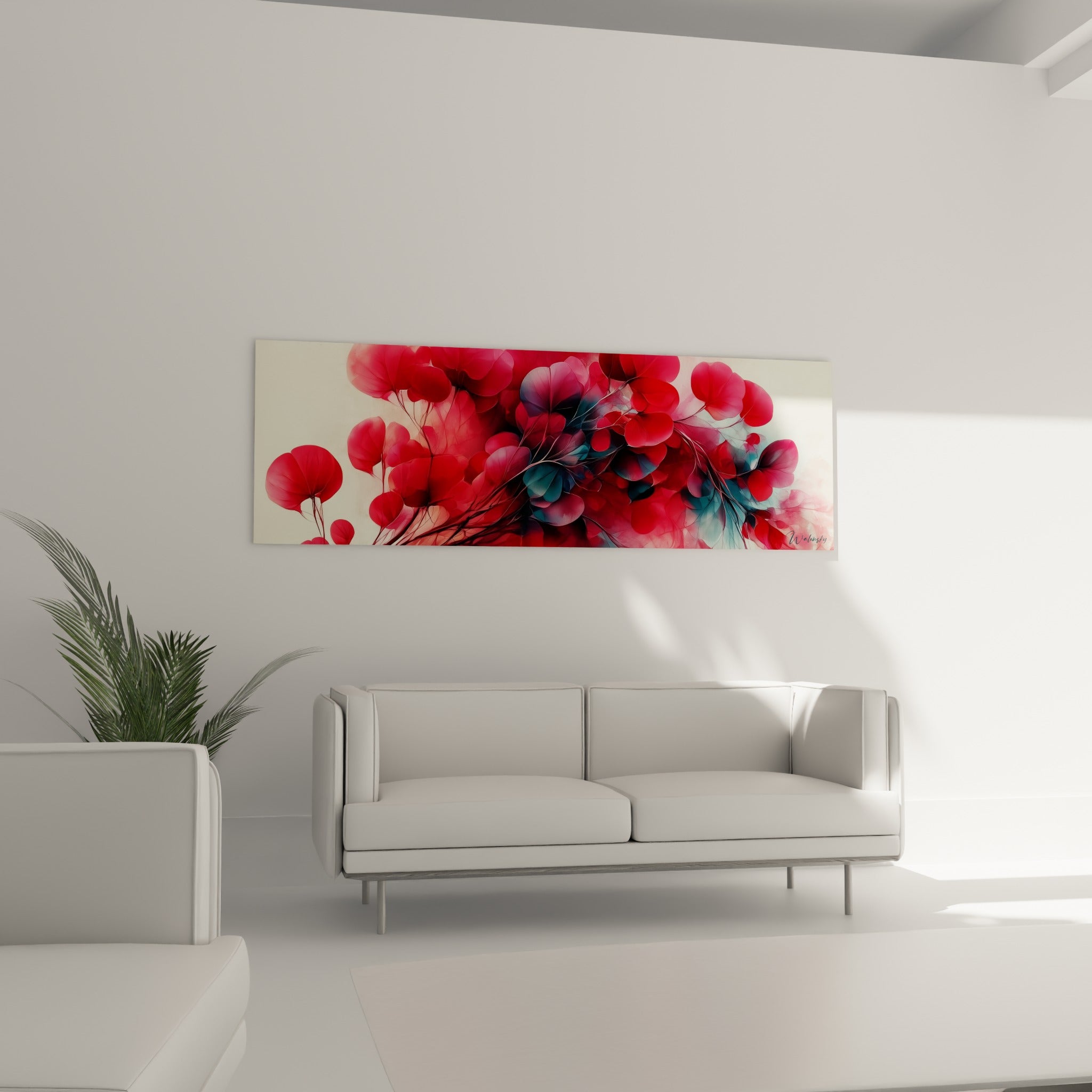 Motif eucalyptus écarlate et bleu pétrole disposé au-dessus d'un canapé dans un salon lumineux