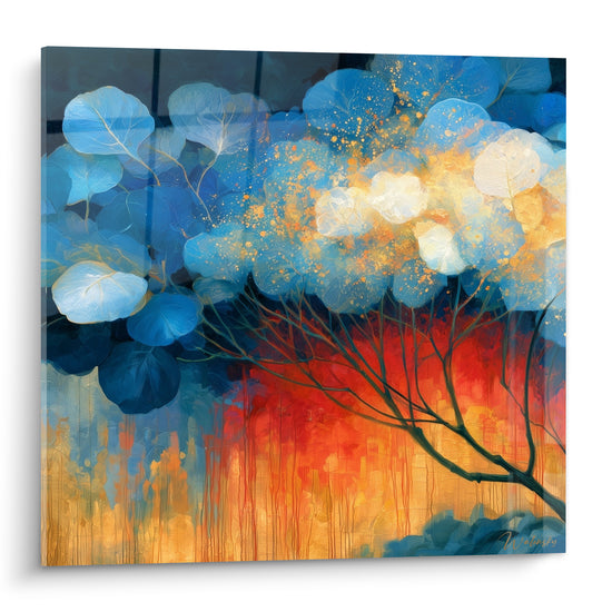 Feuillage Eucalyptus bleu azur s'embrasant en terracotta, branches sombres et éclats dorés sur toile texturée